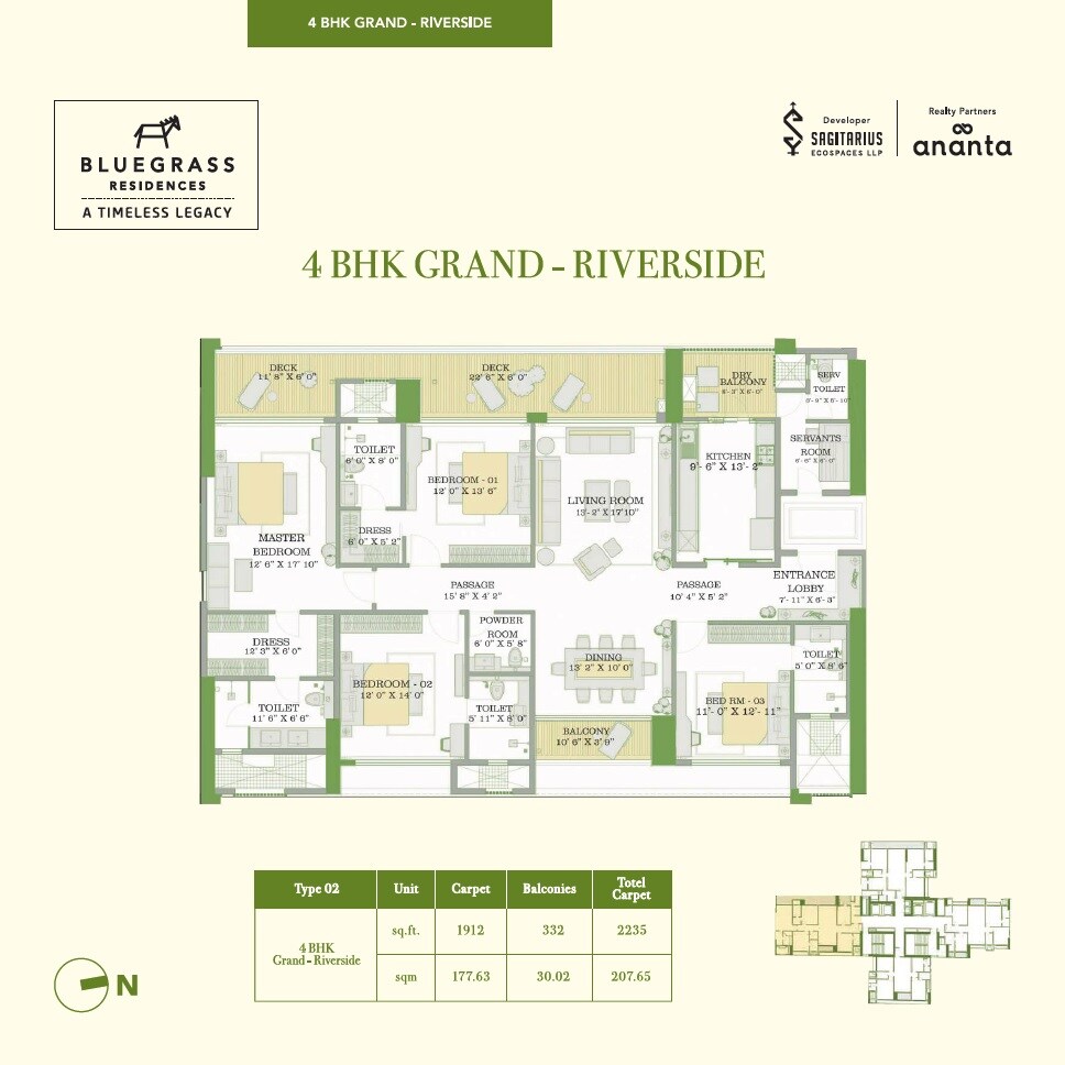 Floor plan of 4 BHK 2235 Sq. Ft. Apartment in Sagitarius Bluegrass Residences, Pune