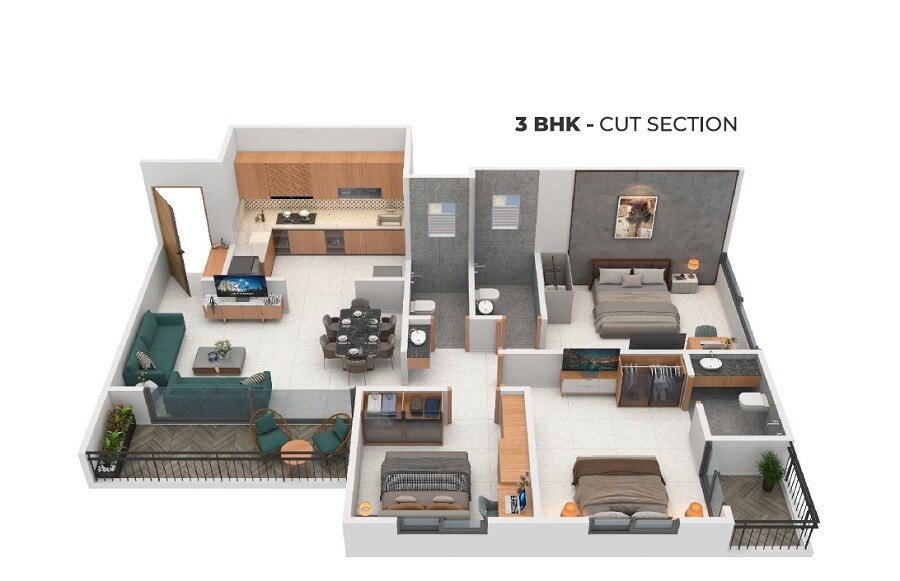 Floor plan of 3 BHK 801 Sq. Ft. Apartment in Sah Santiago Skyland, Pune
