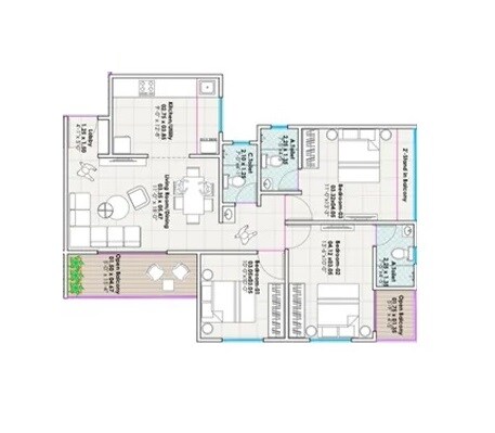 Floor plan of 3 BHK 1016 Sq. Ft. Apartment in Sah Santiago Uptown, Pune