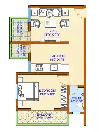 Floor plan of 1 BHK 388 Sq. Ft. Apartment in Sahara Heights, Pune