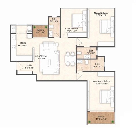 Floor plan of 3 BHK 1212 Sq. Ft. Apartment in Saheel ITrend, Pune