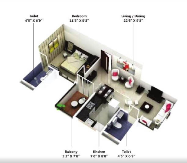 Floor plan of 1 BHK 500 Sq. Ft. Apartment in Saheel Itrend Homes Phase 2, Pune
