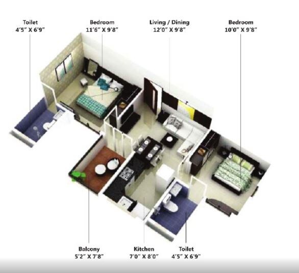 Floor plan of 1 BHK 628 Sq. Ft. Apartment in Saheel Itrend Homes Phase 2, Pune
