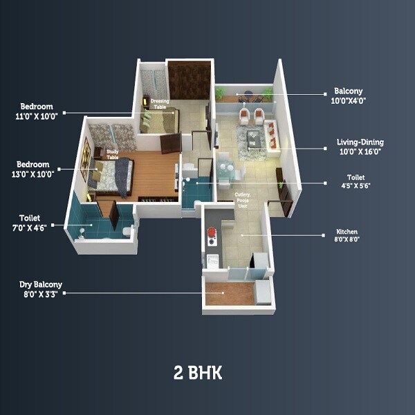 Floor plan of 2 BHK 562 Sq. Ft. Apartment in Saheel Itrend Life 3, Pune