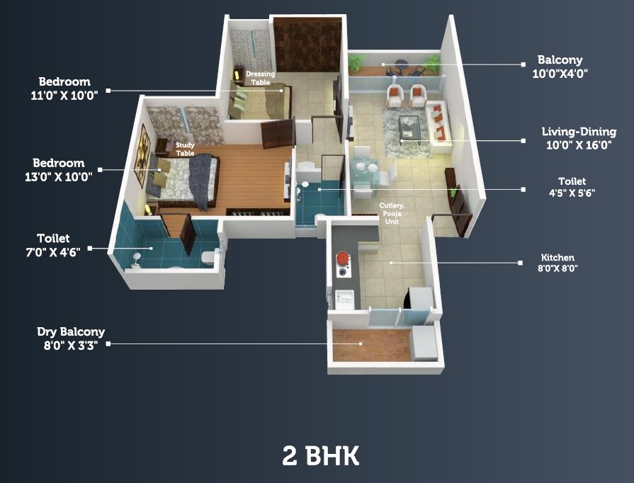 Floor plan of 2 BHK 746 Sq. Ft. Apartment in Saheel Itrend Life, Pune