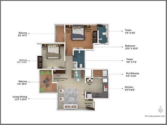 Floor plan of 2 BHK 628 Sq. Ft. Apartment in Saheel Itrend Waterfront, Pune
