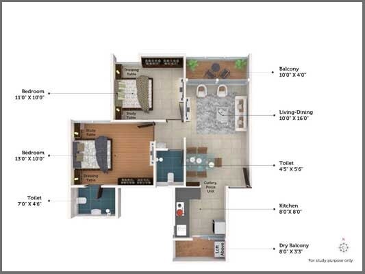 Floor plan of 2 BHK 710 Sq. Ft. Apartment in Saheel Itrend Waterfront, Pune