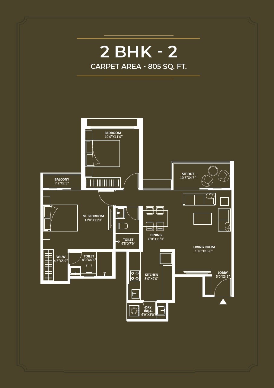 Floor plan of 2 BHK 805 Sq. Ft. Apartment in Saheel Luxton, Pune
