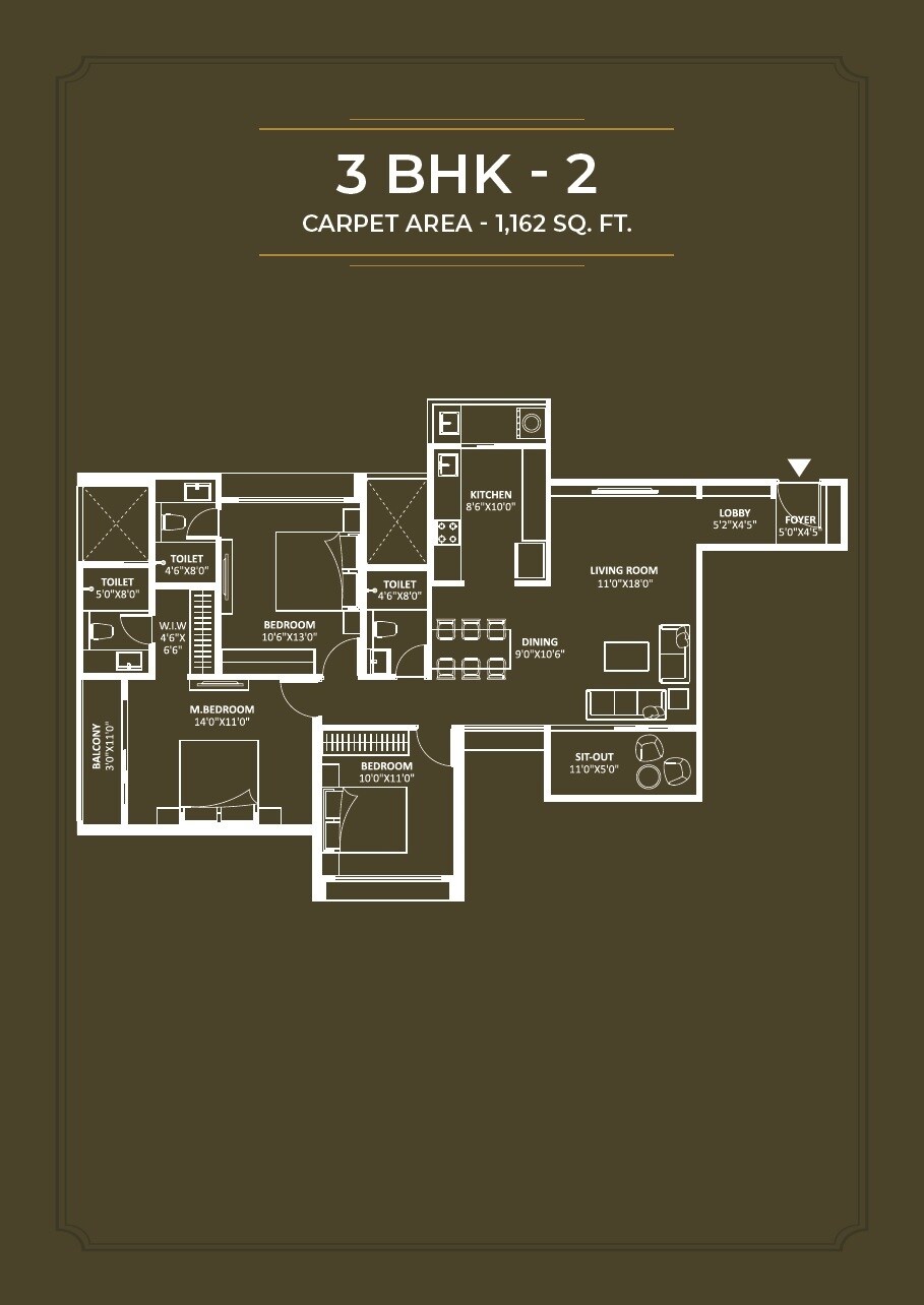 Floor plan of 3 BHK 1162 Sq. Ft. Apartment in Saheel Luxton, Pune