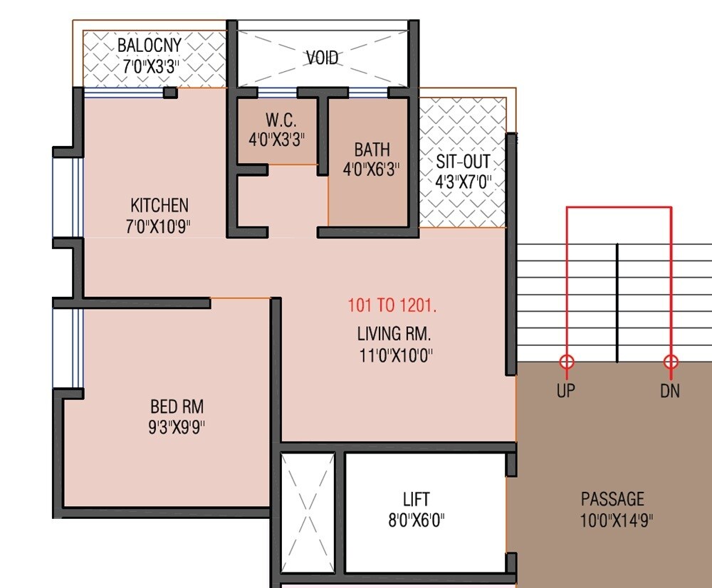 Floor plan of 1 BHK 407 Sq. Ft. Apartment in Sahil Vatika, Pune