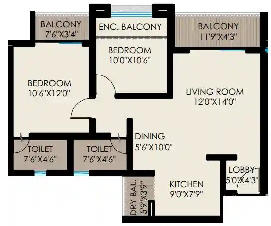 Floor plan of 2 BHK 779 Sq. Ft. Apartment in Sahyadri Plumeria, Pune