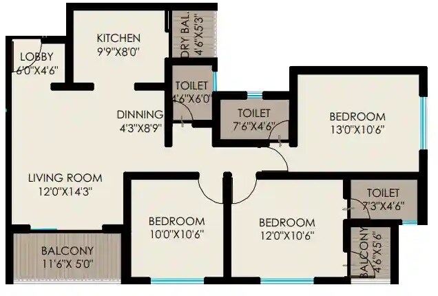 Floor plan of 3 BHK 964 Sq. Ft. Apartment in Sahyadri Plumeria, Pune