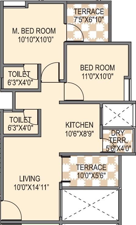 Floor plan of 2 BHK 453 Sq. Ft. Apartment in Sahyadri Shruberry, Pune