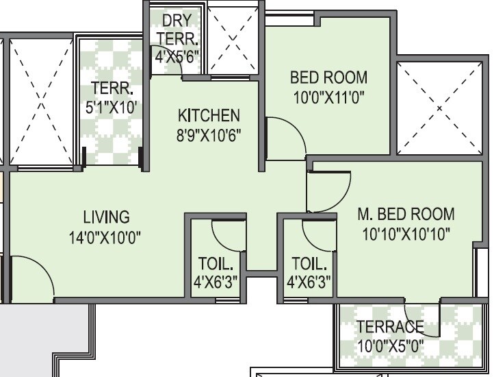 Floor plan of 2 BHK 568 Sq. Ft. Apartment in Sahyadri Shruberry, Pune