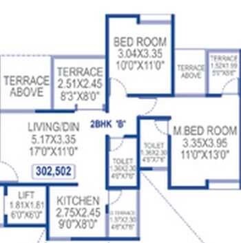 Floor plan of 2 BHK 1049 Sq. Ft. Apartment in Sai Aura Ville, Pune