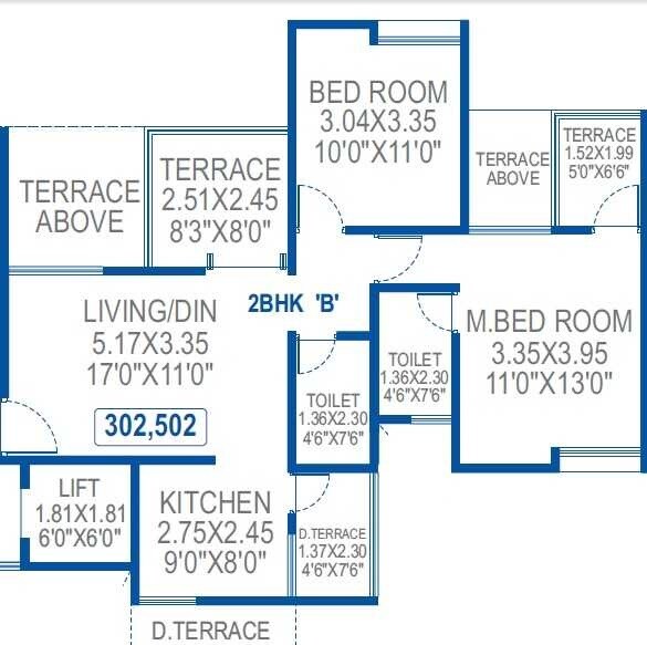 Floor plan of 2 BHK 1350 Sq. Ft. Apartment in Sai Aura Ville, Pune