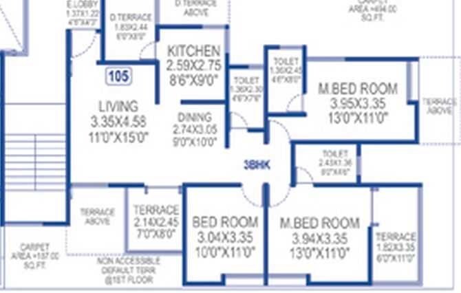 Floor plan of 3 BHK 1480 Sq. Ft. Apartment in Sai Aura Ville, Pune