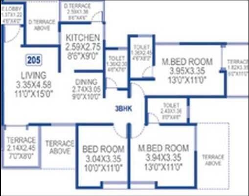 Floor plan of 3 BHK 2220 Sq. Ft. Apartment in Sai Aura Ville, Pune