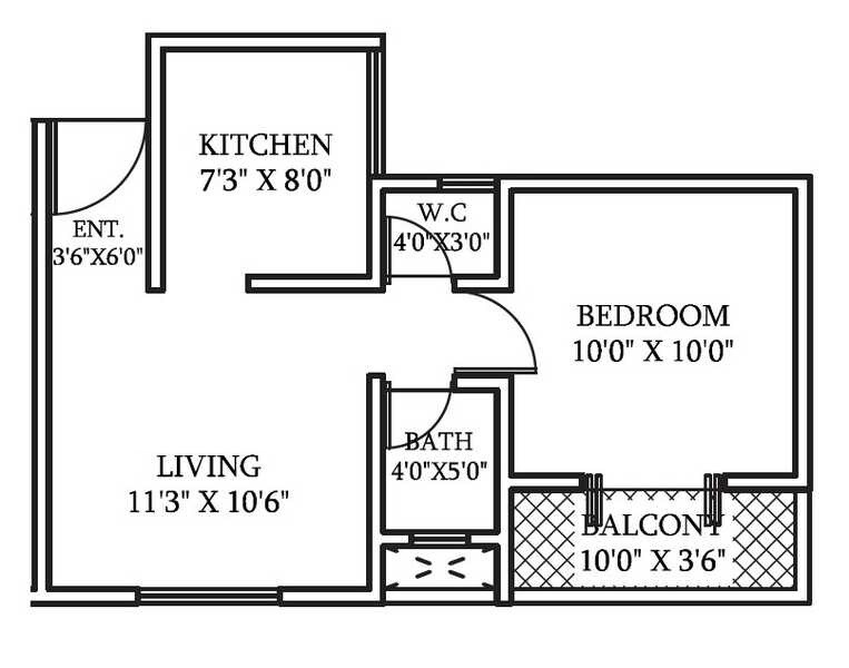Floor plan of 1 BHK 510 Sq. Ft. Apartment in Sai Balaji Sai Niwas, Pune