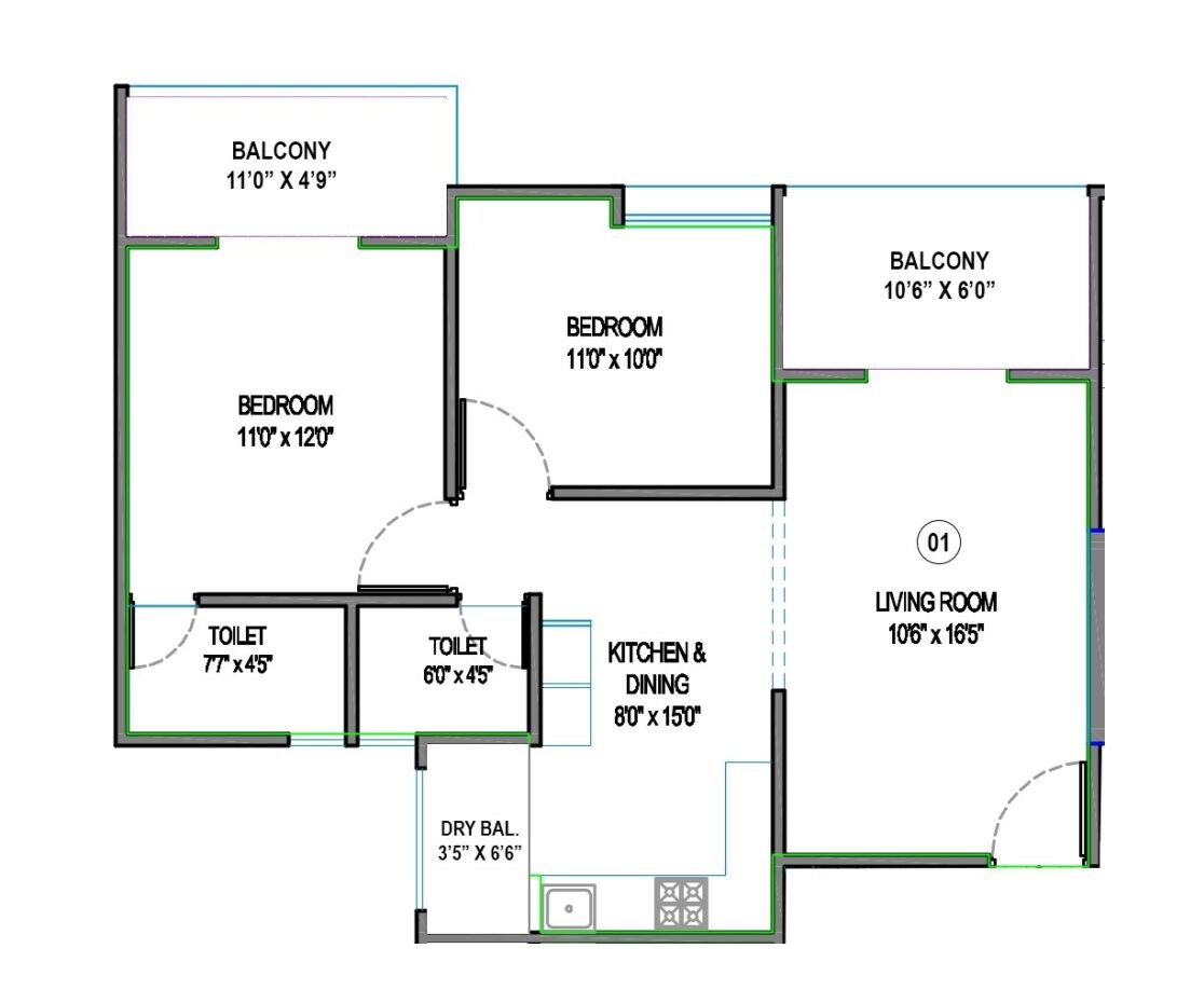 Floor plan of 2 BHK 767 Sq. Ft. Apartment in Sai Bliss Punawale, Pune