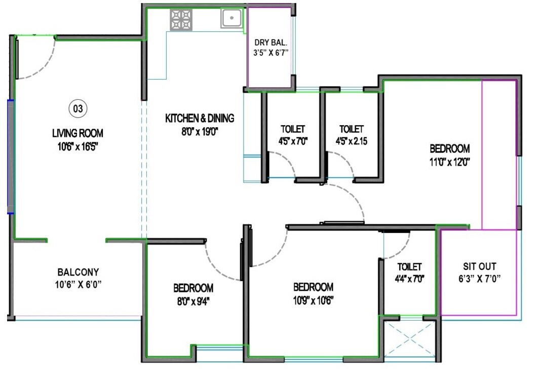 Floor plan of 3 BHK 958 Sq. Ft. Apartment in Sai Bliss Punawale, Pune