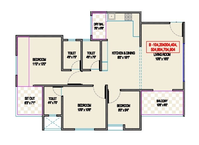 Floor plan of 3 BHK 829 Sq. Ft. Apartment in Sai Bliss Punawale, Pune