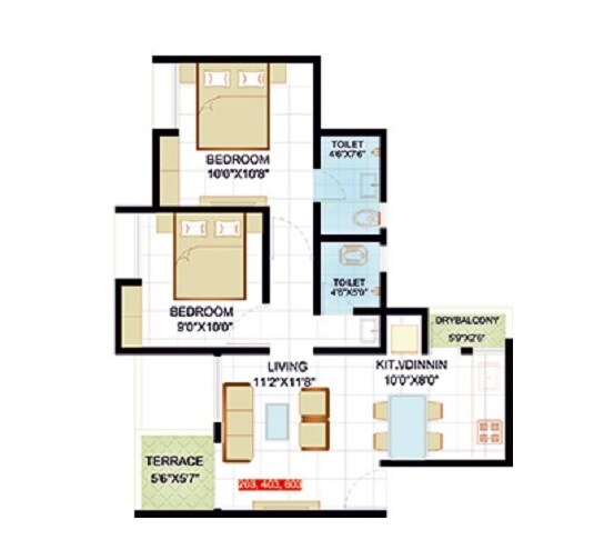 Floor plan of 2 BHK 401 Sq. Ft. Apartment in Sai Casalino Towers, Pune