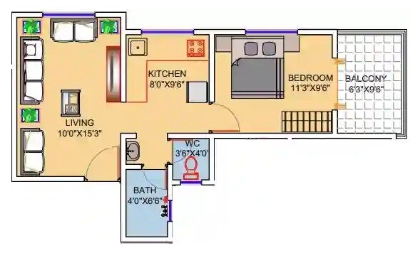 Floor plan of 1 BHK 400 Sq. Ft. Apartment in Sai Crystal Space, Pune