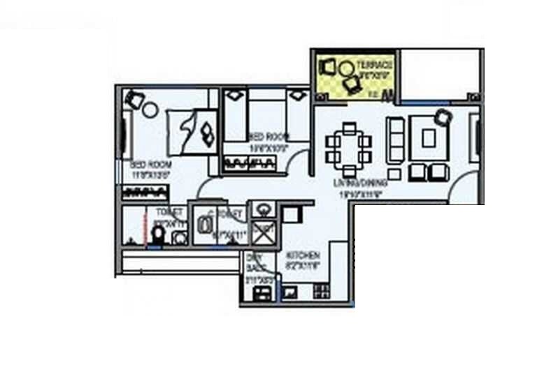 Floor plan of 2 BHK 1021 Sq. Ft. Apartment in Sai Mystique Phase II, Pune