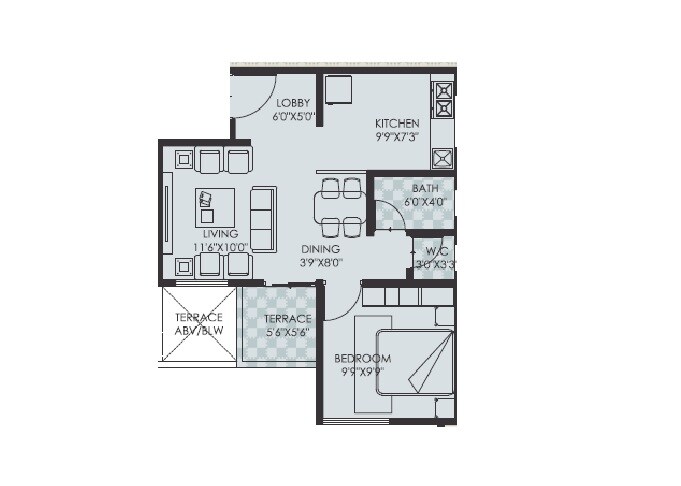 Floor plan of 1 BHK 465 Sq. Ft. Apartment in Sai Panchsheel Garden, Pune