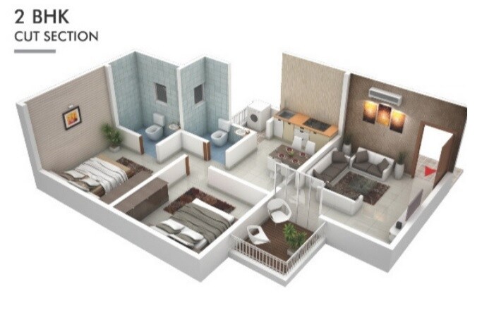 Floor plan of 2 BHK 625 Sq. Ft. Apartment in Sai Panchsheel Garden, Pune