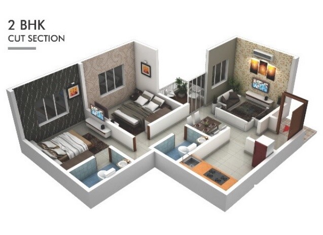 Floor plan of 2 BHK 635 Sq. Ft. Apartment in Sai Panchsheel Garden, Pune