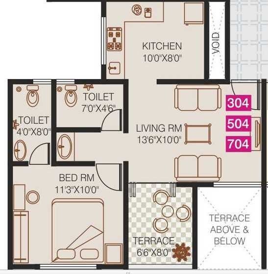 Floor plan of 1 BHK 630 Sq. Ft. Apartment in Sai Paradise Apartment, Pune