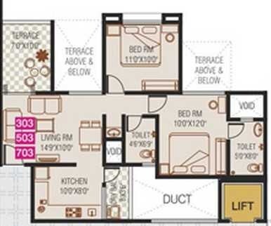 Floor plan of 2 BHK 1050 Sq. Ft. Apartment in Sai Paradise Apartment, Pune
