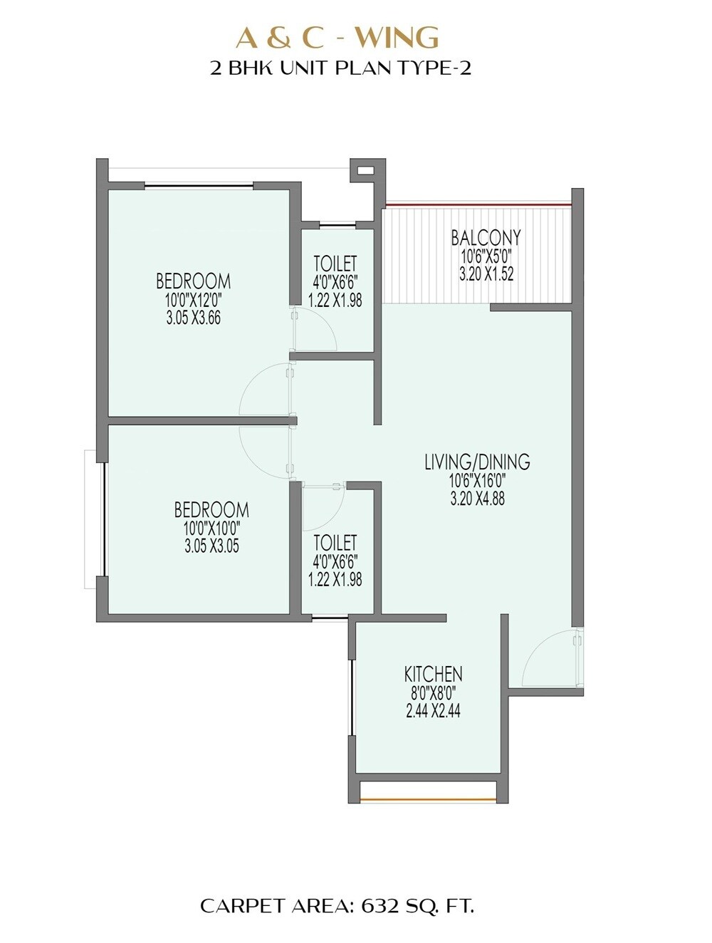 Floor plan of 2 BHK Apartment - 632 sq. ft. in Sai Pleasure, Pune