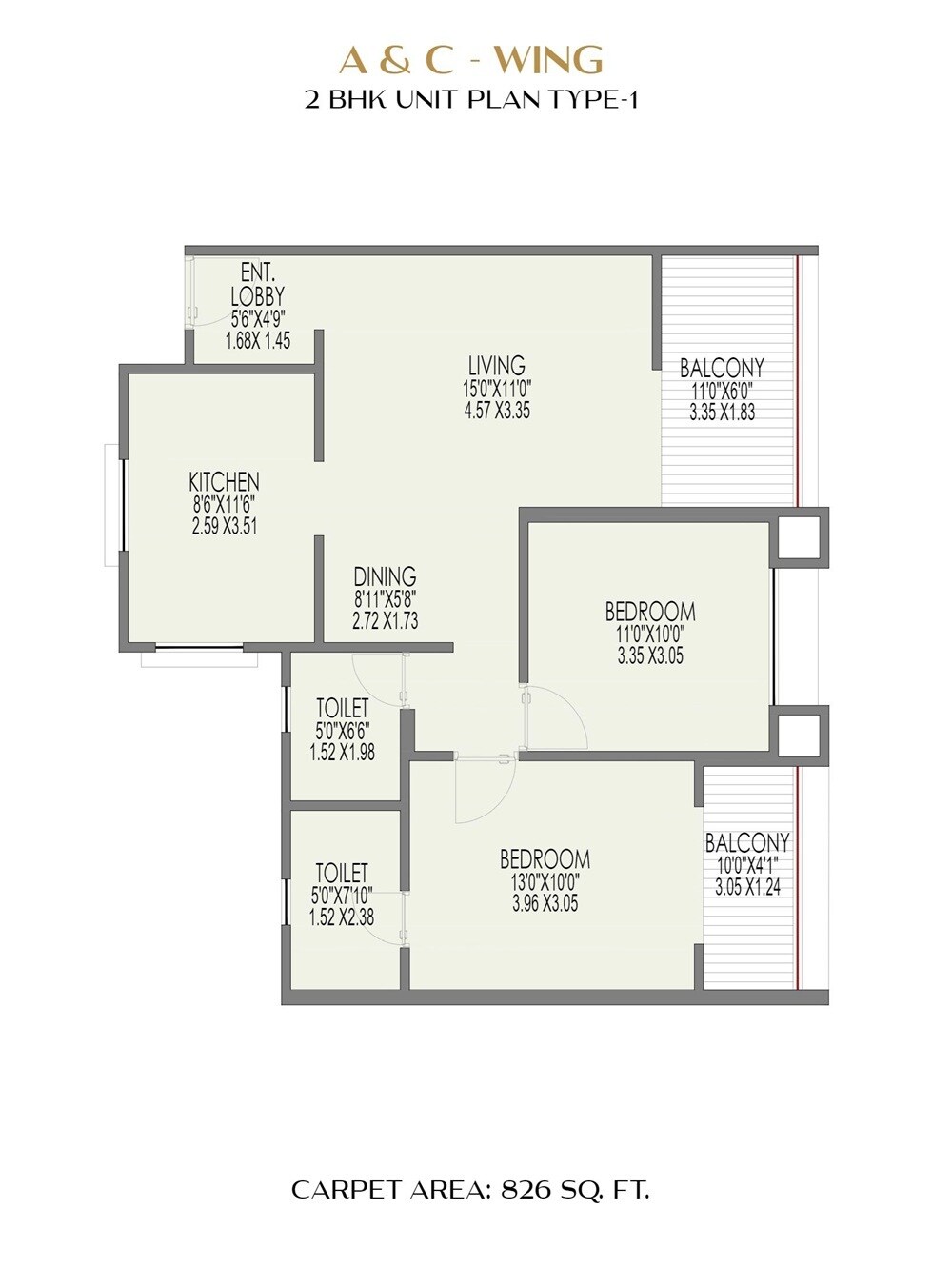 Floor plan of 2 BHK Apartment - 826 sq. ft. in Sai Pleasure, Pune