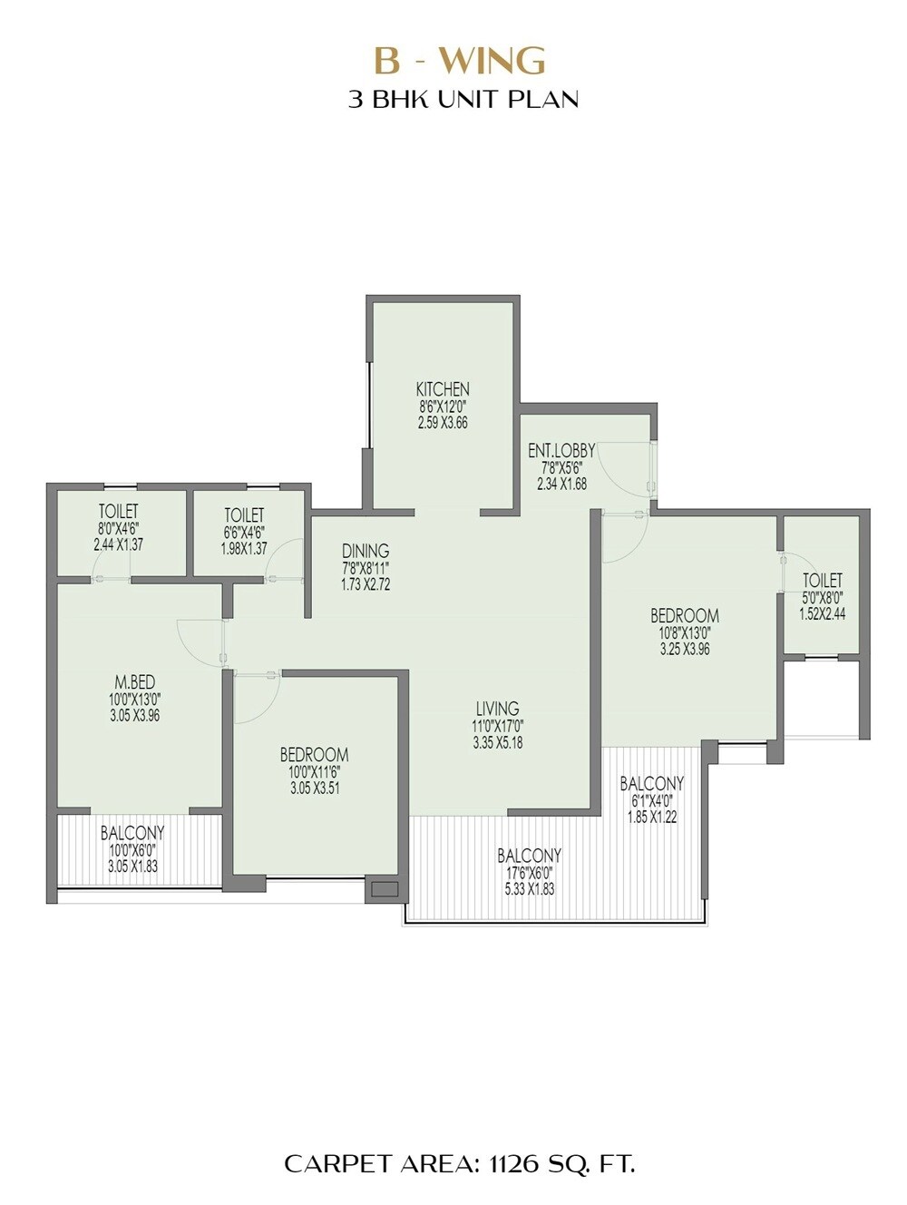 Floor plan of 3 BHK Apartment - 1126 sq. ft. in Sai Pleasure, Pune