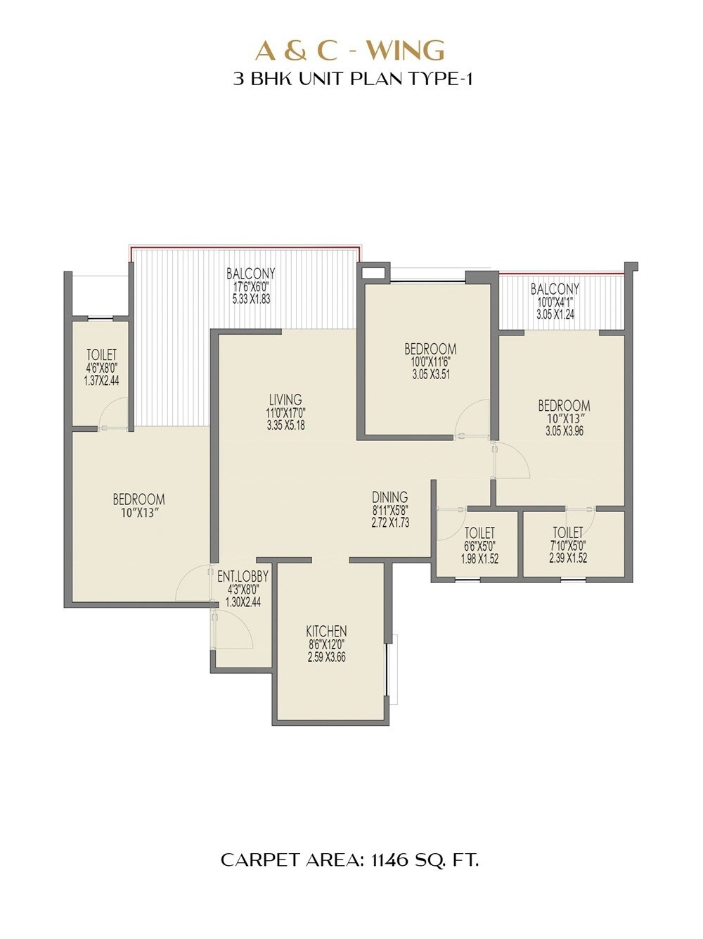 Floor plan of 3 BHK Apartment - 1146 sq. ft. in Sai Pleasure, Pune