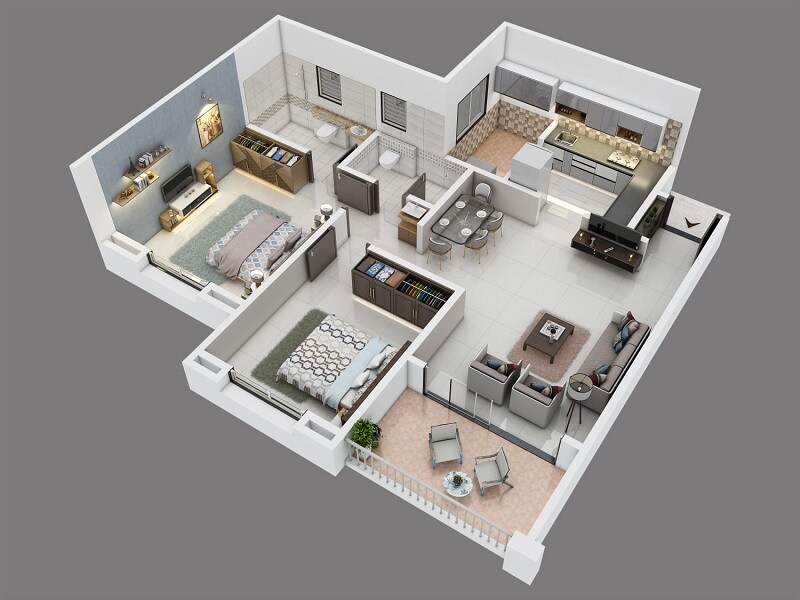 Floor plan of 2 BHK 628 Sq. Ft. Apartment in Sai Ramana Myra, Pune