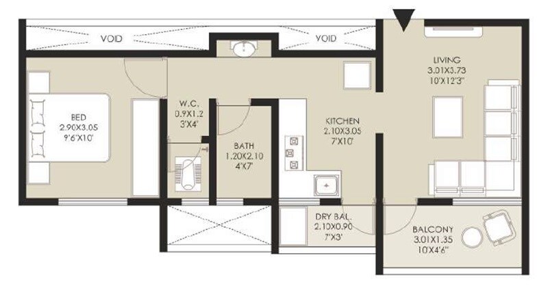 Floor plan of 1 BHK 449 Sq. Ft. Apartment in Sai Ramana Primavista, Pune