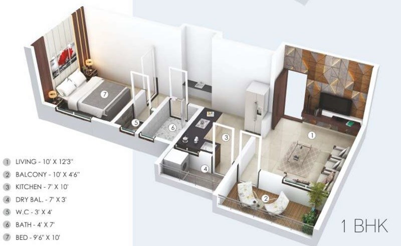 Floor plan of 1 BHK 593 Sq. Ft. Apartment in Sai Ramana Primavista, Pune