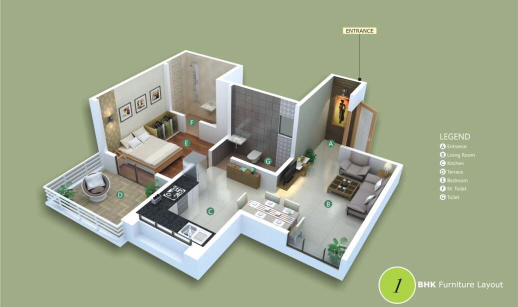 Floor plan of 1 BHK 672 Sq. Ft. Apartment in Sai Sagar Erica, Pune