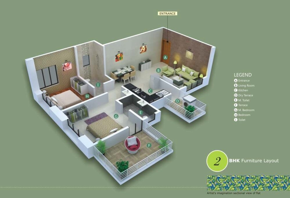 Floor plan of 2 BHK 1045 Sq. Ft. Apartment in Sai Sagar Erica, Pune