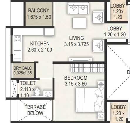 Floor plan of 1 BHK 339 Sq. Ft. Apartment in Sai Samarttha Saisha, Pune