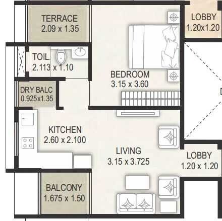 Floor plan of 1 BHK 384 Sq. Ft. Apartment in Sai Samarttha Saisha, Pune