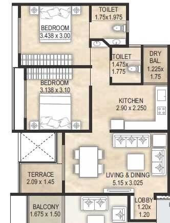 Floor plan of 2 BHK 461 Sq. Ft. Apartment in Sai Samarttha Saisha, Pune