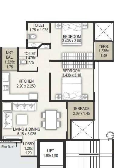 Floor plan of 2 BHK 659 Sq. Ft. Apartment in Sai Samarttha Saisha, Pune