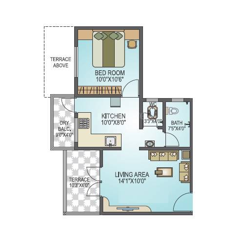 Floor plan of 1 BHK 529 Sq. Ft. Apartment in Sai Sane Sri Roz Paradise, Pune