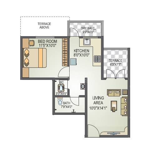 Floor plan of 1 BHK 566 Sq. Ft. Apartment in Sai Sane Sri Roz Paradise, Pune