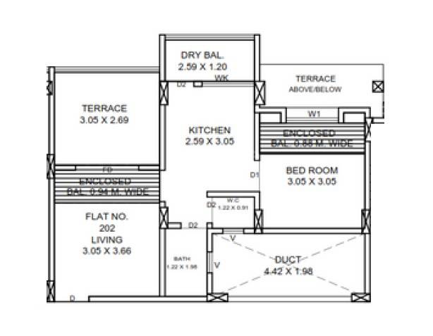 Floor plan of 1 BHK 322 Sq. Ft. Apartment in Sai Sanskruti Wagholi, Pune